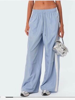 Edikted Light Blue Wide-Leg Track Pants with White Side Stripe